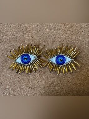 Handmade Beaded Eye Statement Earrings - Blue and Gold